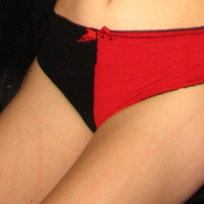 Red and black  lacey harlequin boy- short, hot-pants