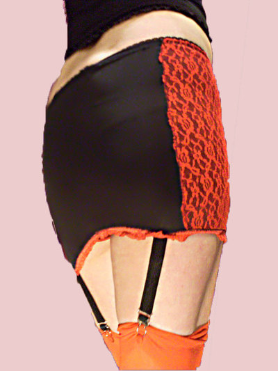 retro black lyrca and red lace garter skirt