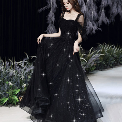 Black tulle beads long prom dress a line evening dress