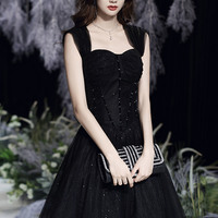 Black tulle beads long prom dress A line evening dress - Thumbnail 1