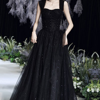 Black tulle beads long prom dress A line evening dress - Thumbnail 2