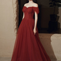 Black tulle beads long prom dress A line evening dress - Thumbnail 6