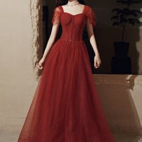 Black tulle beads long prom dress A line evening dress - Thumbnail 8