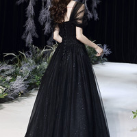 Black tulle beads long prom dress A line evening dress - Thumbnail 5
