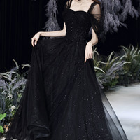 Black tulle beads long prom dress A line evening dress - Thumbnail 9