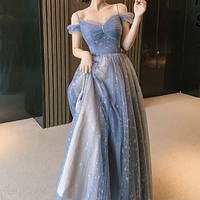 Blue tulle long prom dress blue evening dress - Thumbnail 2