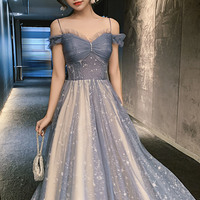 Blue tulle long prom dress blue evening dress - Thumbnail 1