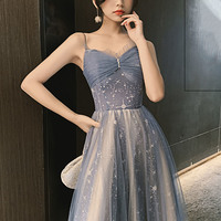 Blue tulle long prom dress blue evening dress - Thumbnail 5