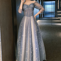 Blue tulle long prom dress blue evening dress - Thumbnail 8