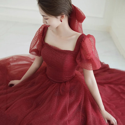 Red tulle long prom dress a line evening dress - Thumbnail 2