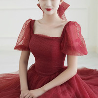 Red tulle long prom dress A line evening dress - Thumbnail 1
