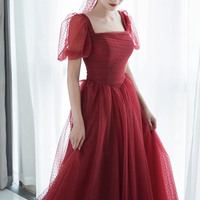 Red tulle long prom dress A line evening dress - Thumbnail 2