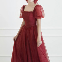 Red tulle long prom dress A line evening dress - Thumbnail 3