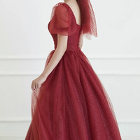 Red tulle long prom dress A line evening dress - Thumbnail 4
