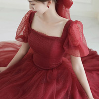 Red tulle long prom dress A line evening dress - Thumbnail 6