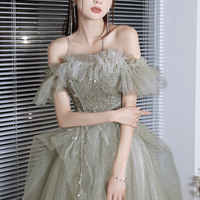 Green tulle sequins long prom dress green evening dress - Thumbnail 1