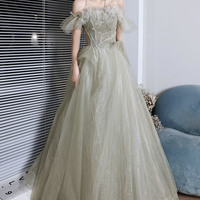 Green tulle sequins long prom dress green evening dress - Thumbnail 5