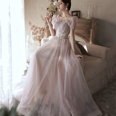 Pink tulle lace long prom dress pink evening dress - Thumbnail 2