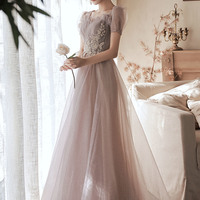 Pink tulle lace long prom dress pink evening dress - Thumbnail 3