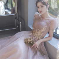 Pink tulle lace long prom dress pink evening dress - Thumbnail 5