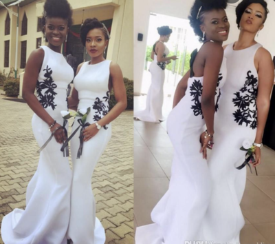 White Prom Dresses Mermaid with Black Appliqué Lace