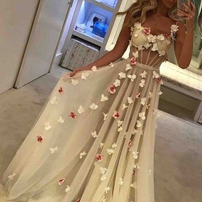Ivory floral a-line long prom dresses,see through prom dresses,floor length party dresses,791 - Thumbnail 1