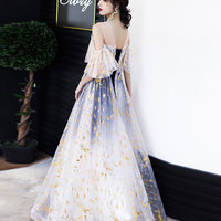 Blue round neck tulle lace long prom dress,lace-up prom dresses,792 - Thumbnail 1
