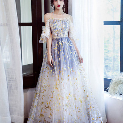 Blue round neck tulle lace long prom dress,lace-up prom dresses,792 - Thumbnail 2