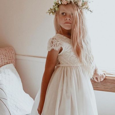 Girls cream flora capped sleeve lace back flowers girl dress,794
