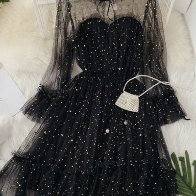 Princess black starry long sleeves tulle ruffle short homecoming dress,mini prom evening gown,795
