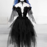 Deep V-Neck Gothic Party Dresses Lace Appliques Black Evening Gowns Ruched Tulle Prom Outfits for Women，798 - Thumbnail 2