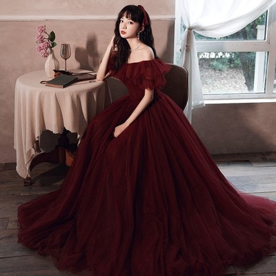 Burgundy tulle long prom gown formal dress，799