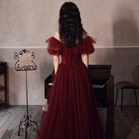 Burgundy tulle long prom gown formal dress，799 - Thumbnail 3