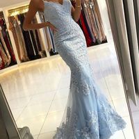 Chic Mermaid Spaghetti Straps Lace Long Prom Dresses Sky Blue Evening Dress,1335 - Thumbnail 1