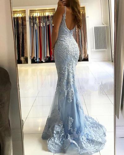 Chic Mermaid Spaghetti Straps Lace Long Prom Dresses Sky Blue Evening Dress,1335