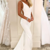 Simple Mermaid V Neck Backless White Satin Prom Dresses,1339 - Thumbnail 1