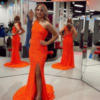 Sparkly Mermaid Orange Sequins Long Prom Dress with Slit,1340 - Thumbnail 1