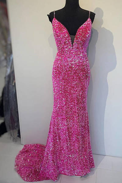 Mermaid V Neck Hot Pink Sequin Glitter Sparkle Prom Dresses,1341