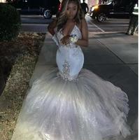  Glitter Silver Sexy V-Neck Mermaid Reflective Prom Dresses Spaghetti Straps African Long Formal Evening Gowns Graduation Party Dresses - Thumbnail 1