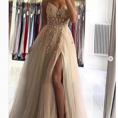 A  line tulle beading crytals prom dresses side slit evening formal gowns