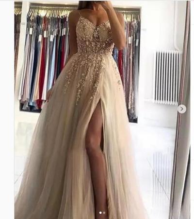 A  Line Tulle Beading Crytals Prom Dresses Side Slit Evening Formal Gowns