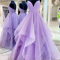 Purple tulle long prom dress A line evening dress - Thumbnail 1