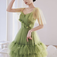 Green tulle long prom dress A line evening gown - Thumbnail 1
