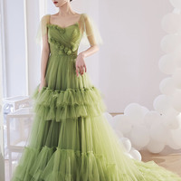Green tulle long prom dress A line evening gown - Thumbnail 2