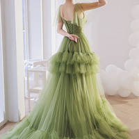 Green tulle long prom dress A line evening gown - Thumbnail 3