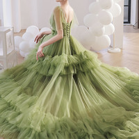 Green tulle long prom dress A line evening gown - Thumbnail 4