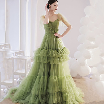 Green tulle long prom dress a line evening gown - Thumbnail 1