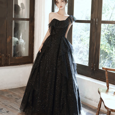 Black tulle sequins long prom dress a line evening dress - Thumbnail 2