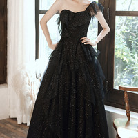 Black tulle sequins long prom dress A line evening dress - Thumbnail 1
