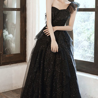 Black tulle sequins long prom dress A line evening dress - Thumbnail 2